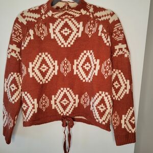 No Boundaries Women’s Rust Cream Geometric Turtleneck Sweater Size M Cozy Fall